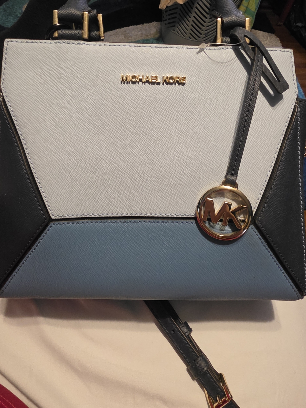 Michael Kors Tri-Color Saffiano Satchel in White, Light Blue & Black